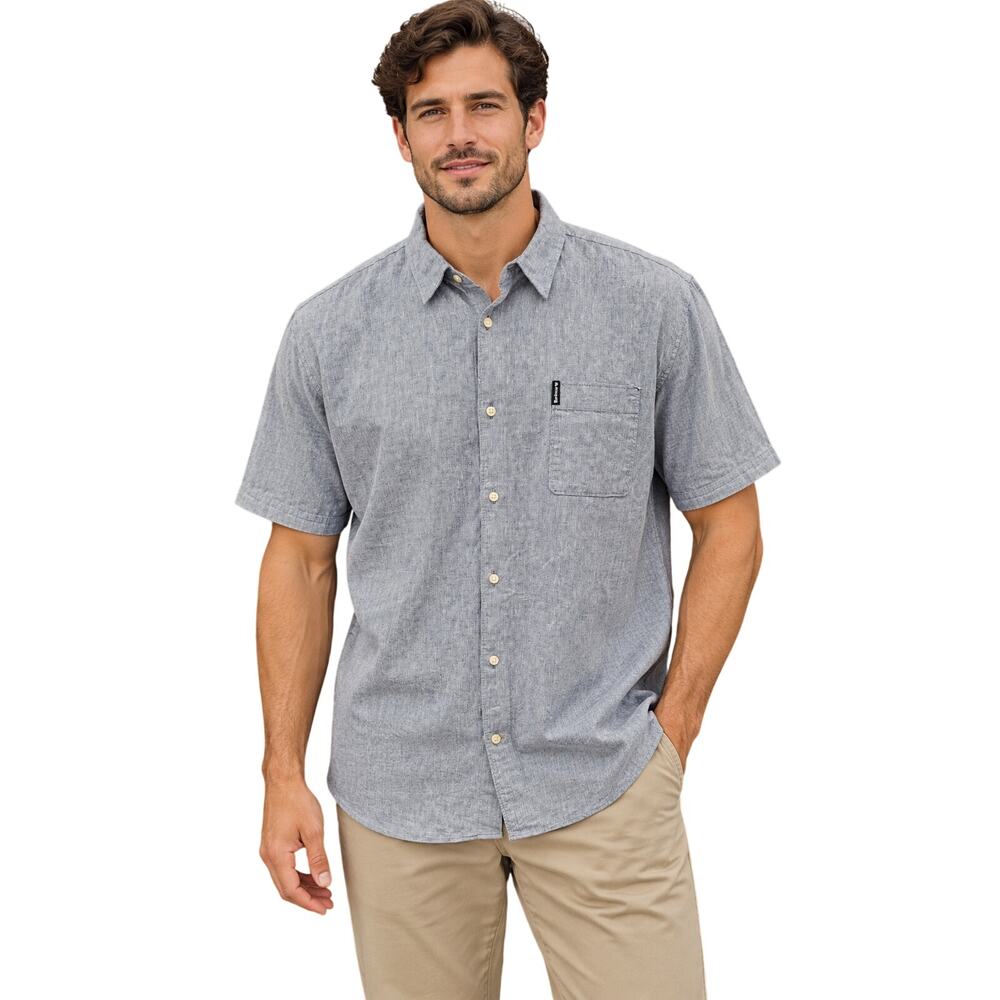 Barbour standard fit sz XL linen blend chambray blue short sleeve button up #